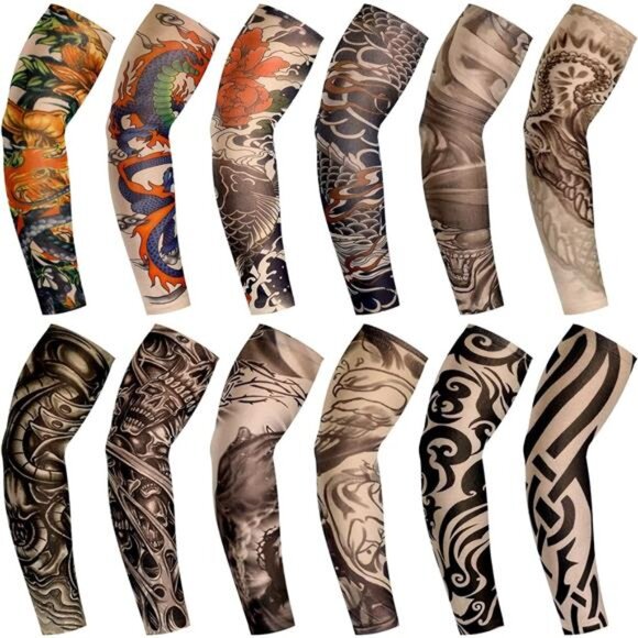 12 Pcs Tattoo Sleeves Fake Arm Sleeves Cover Realistic Soft Elasticity - Picture 1 of 7